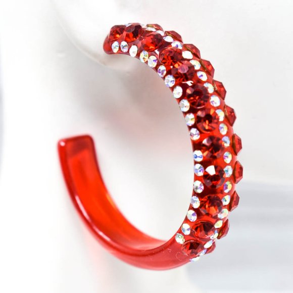 2" Clear Red AB/Red Lucite Rhinestone Hoop Earring - Picture 8 of 11
